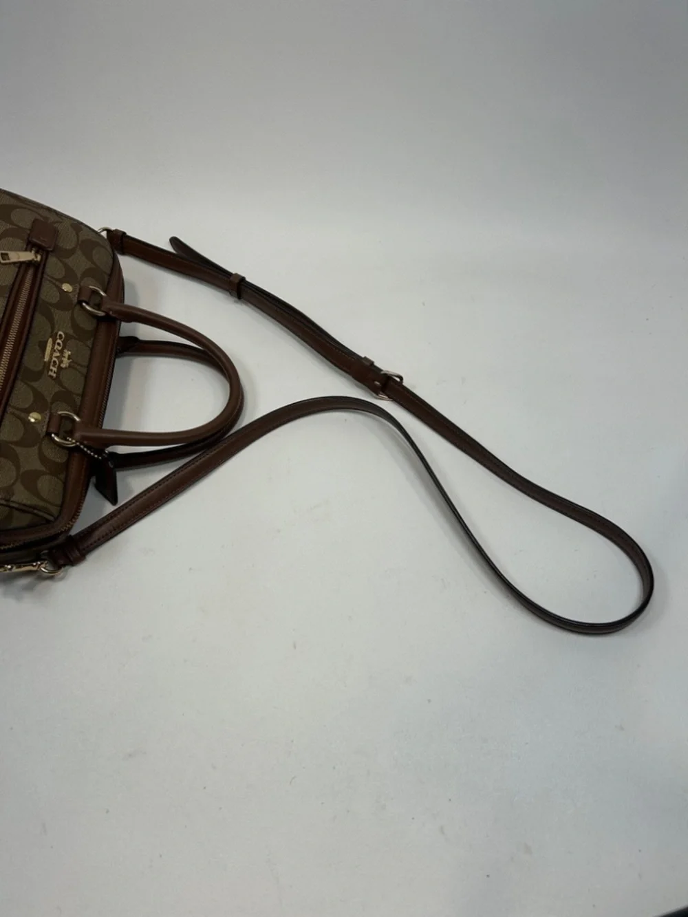 COACH Rowan Satchel in Khaki/Saddle Signature Coated Canvas Crossbody Strap